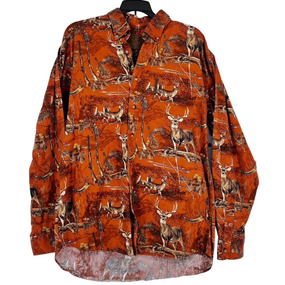 North River Outfitters M Orange Shirt Long Sleeve Button Up Buck Gun Arrows Camo